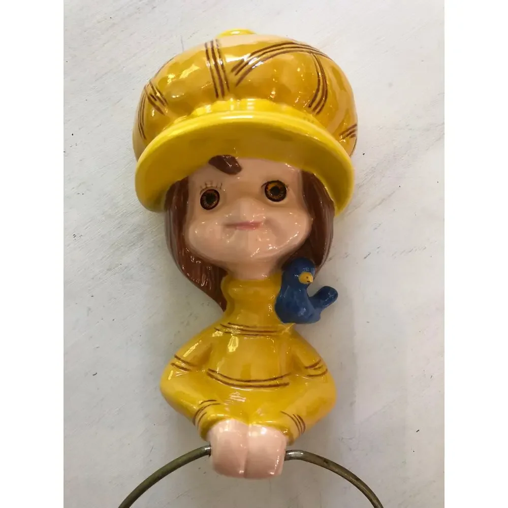 Vintage 1960s 1970s Ceramic Bonnet Gril Blue Bird Towel Holder